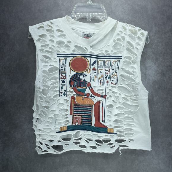 Vtg 1986 Oneita Power-T Egyptian Graphic Deity Ra Med T-shirt Cut Out Crop Top - Picture 9 of 9
